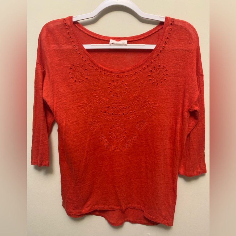 ZARA Red Linen Fabric with Embroidery Top